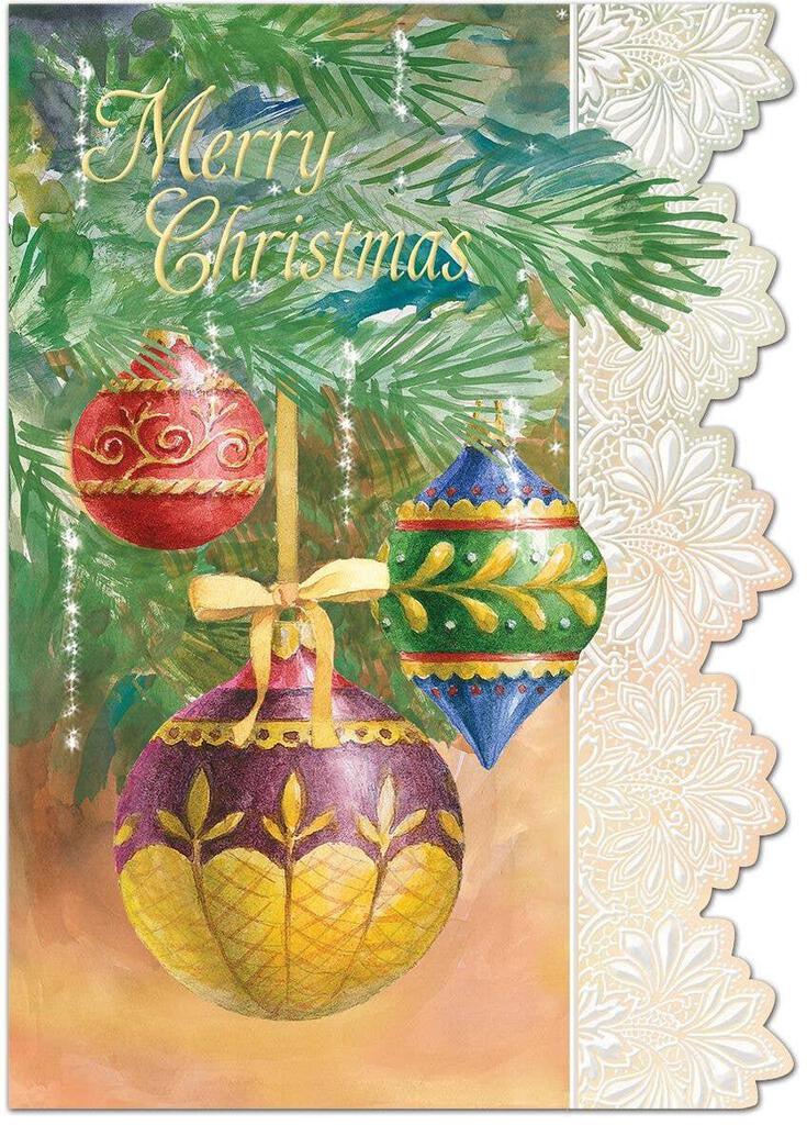 JEWEL TONED CHRISTMAS ORNAMENTS ON TREE embossed die cut Christmas greeting card. Retail $4.25 Inside Hope your Christmas sparkles with happiness. | CRGX3127 | 257875