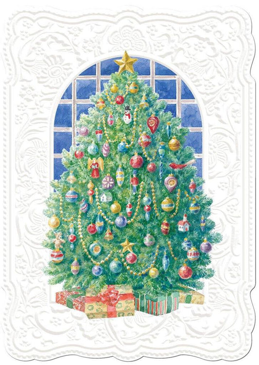 TRADITIONAL CHRISTMAS  TREE WITH LACE BORDER embossed die cut Christmas greeting card. Retail $4.25 Inside: Wishing you a very Merry Christmas! 257893 CRGX3145