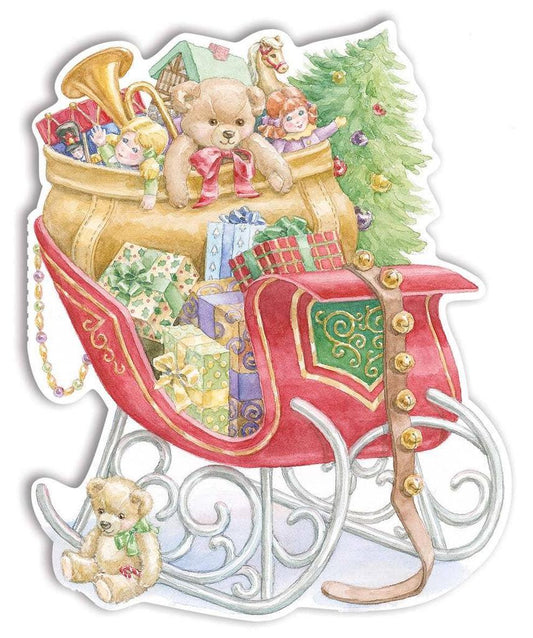 TOY SLED shaped embossed die cut boxed Christmas greeting cards by Carol Wilson. Inside With best wishes for a Merry Christmas and a Happy New Year. 10 cards/10 envelopes 257993 CRGBX177