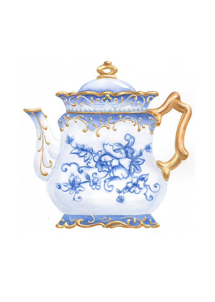 Carols Rose Garden Blue White Gold Fancy Teapot Watercolor Greeting Card 5x7 H-FOD110 260059