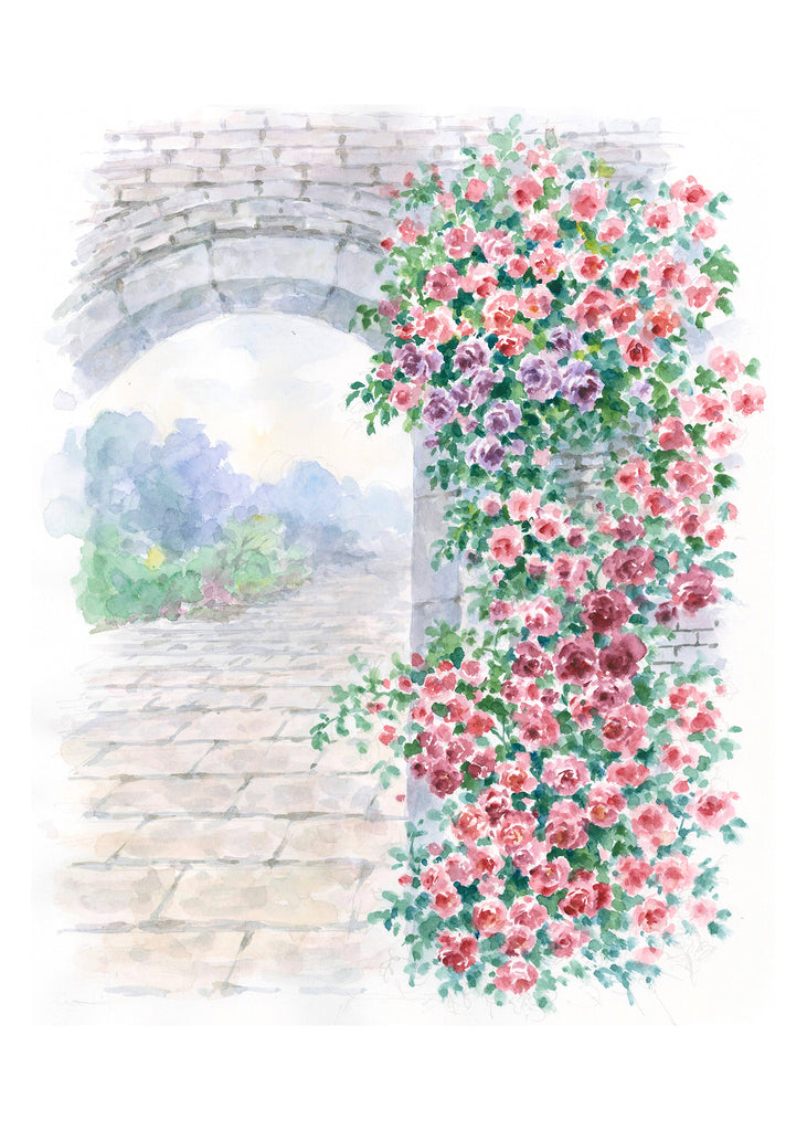 Carols Rose Garden Flower Trellis Cobblestone Arch Watercolor Greeting Card 5x7 H-GAR021 | 1796 | 260065