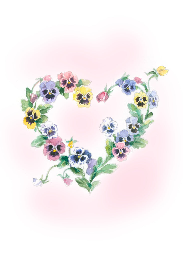 Carols Rose Garden Pansy Flower Heart Wreath Watercolor Greeting Card 5x7 H-PAN113 | 1823 | 260092