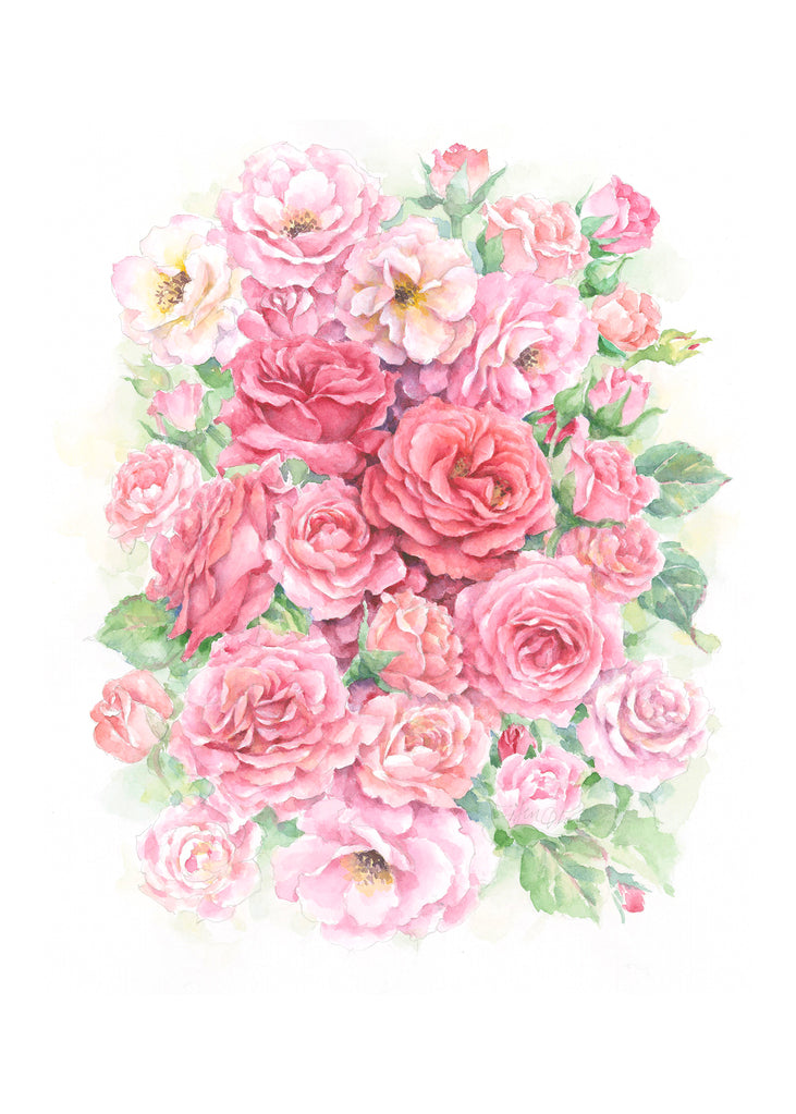 Carols Rose Garden Rosy Pink Rose Flower Bouquet Watercolor Greeting Card 5x7 H-ROS183 | 1828 | 260097
