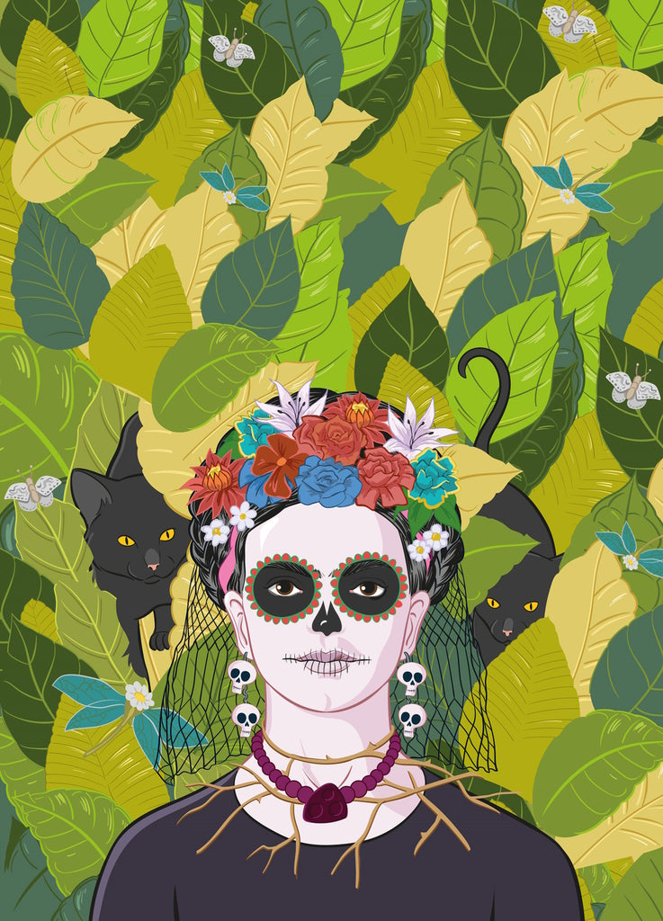 Frida Kahlo Day of the Dead Black Cats Premium Felt Paper Blank Greeting Card 5x7 | 1003 | 260108