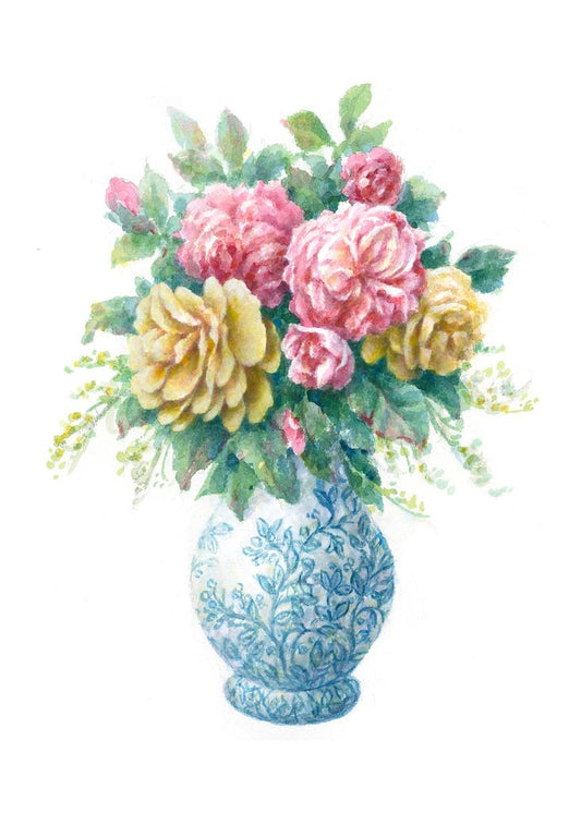 Carols Rose Garden Flower Bouquet Blue White Vase Watercolor Box of 10 Note Cards 4x5 H-ROS195 | 1830-4x5 | 260915
