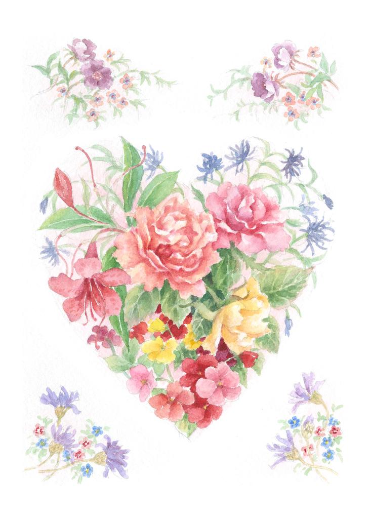 Carols Rose Garden Floral Heart Bouquet Love Flower Watercolor Box of 10 Note Cards 4x5 H-MFL093 | 1815-4x5 | 260948