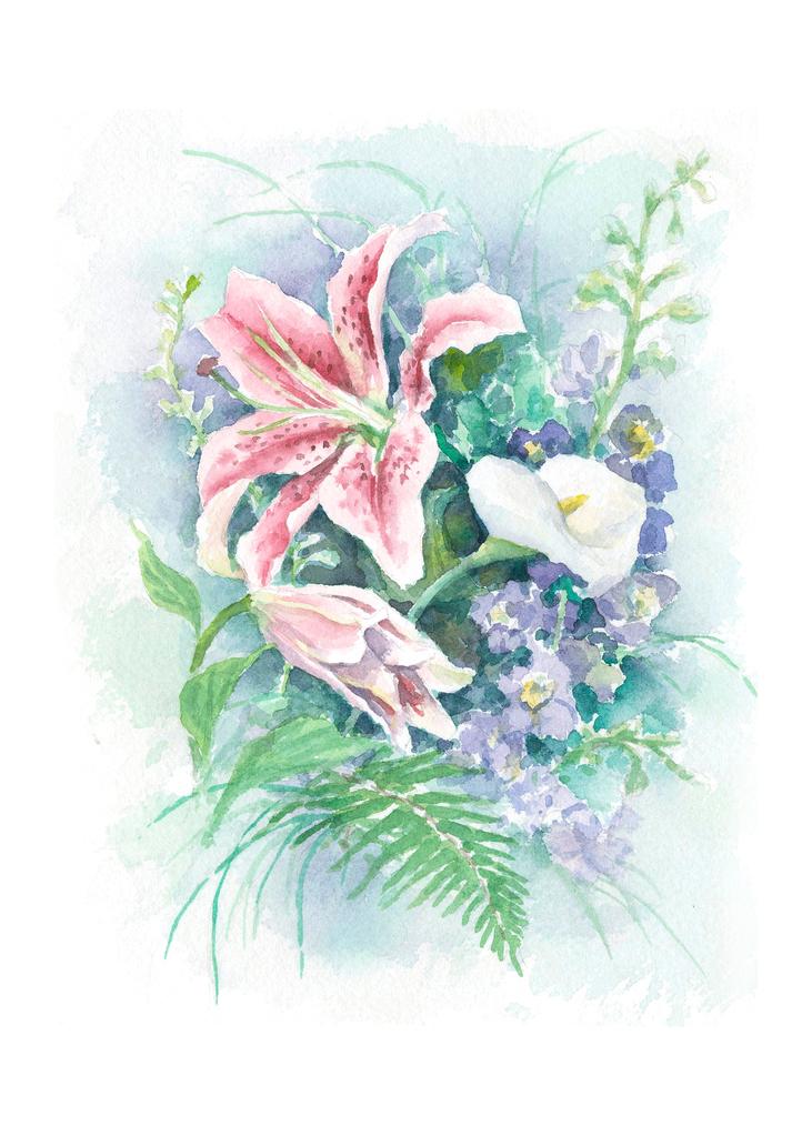 Carols Rose Garden Lily Flower Bouquet Watercolor Box of 10 Note Cards 4x5 H-LIL012 | 1806-4x5 | 261039