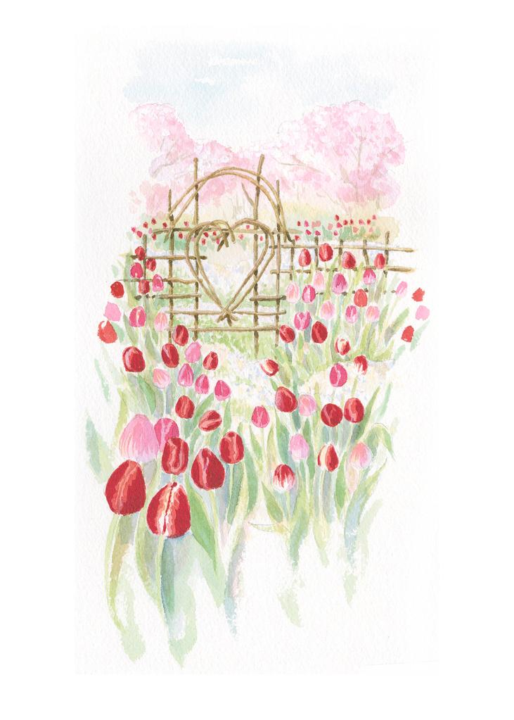 Carols Rose Garden Red Tulip Field Flower Heart Fence Gate Watercolor Box of 10 Note Cards 4x5 H-GAR060 | 1803-4x5 | 261059