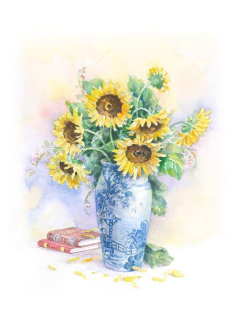 Carols Rose Garden Sunflower Blue Vase Flower Watercolor Box of 10 Note Cards 4x5 H-SUN002 | 1833-4x5 | 261069