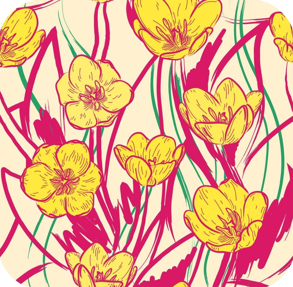 Wild And Bright 60s Psychedelic Tulips Floral Print Cream Premium Drink Coaster Resin With Cork Backing 261897 74882 261897