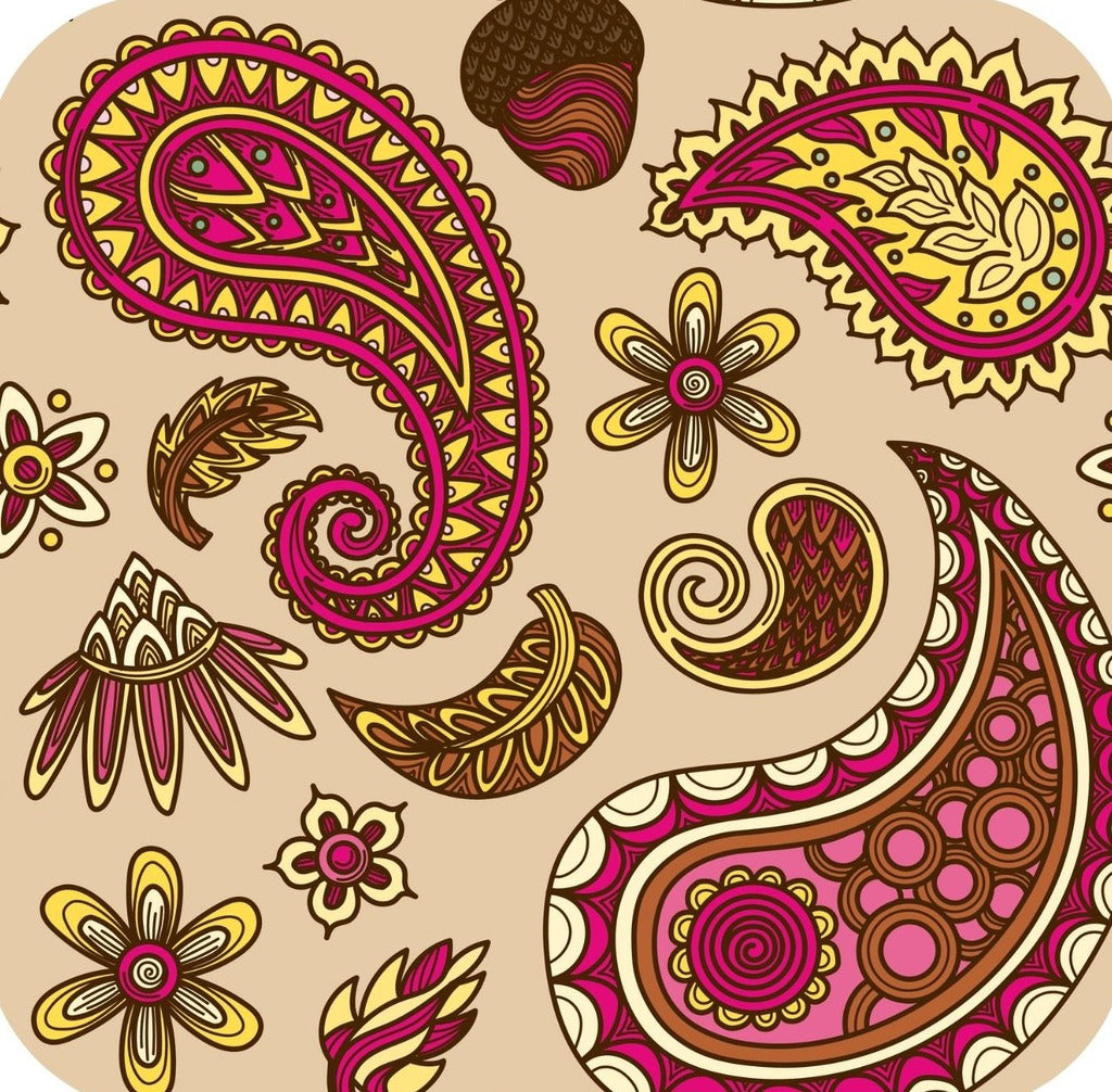 Hippie Paisley Fuchsia Yellow and Brown Premium Drink Coaster Resin With Cork Backing 261997 74982 261997