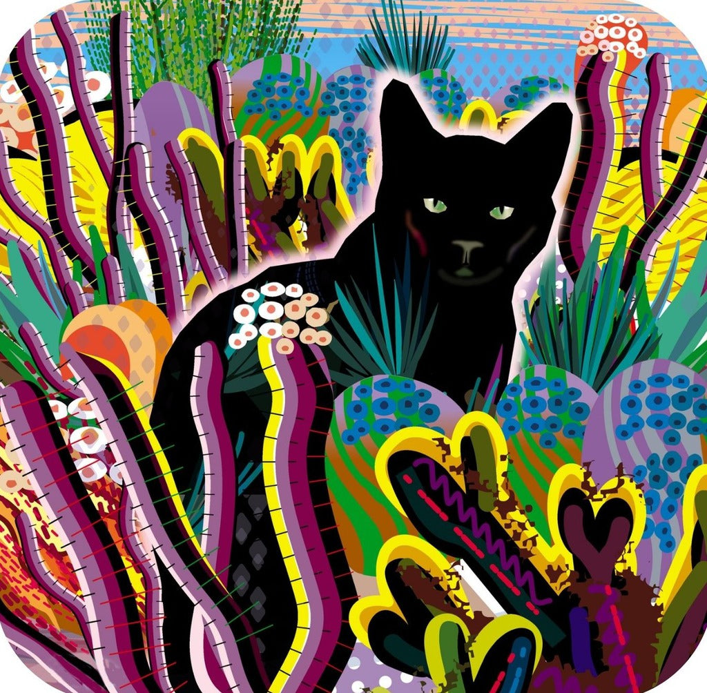 Black Cat In Fantasy Garden Surrounded By Cactus Premium Drink Coaster Resin With Cork Backing 262059 75044 262059