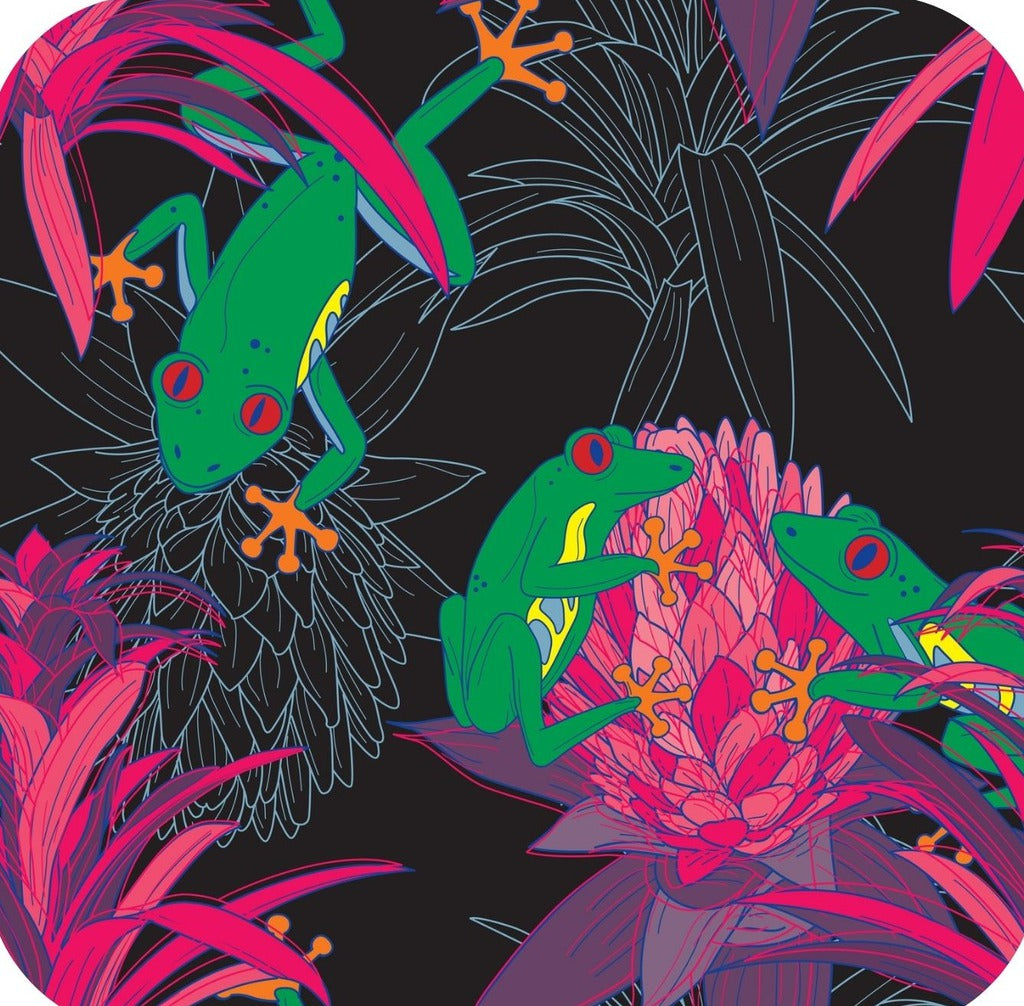 70s Retro Style Bright Tree Frog Floral Trippy Bromeliad Black Premium Drink Coaster Resin With Cork Backing 262060 75045 262060