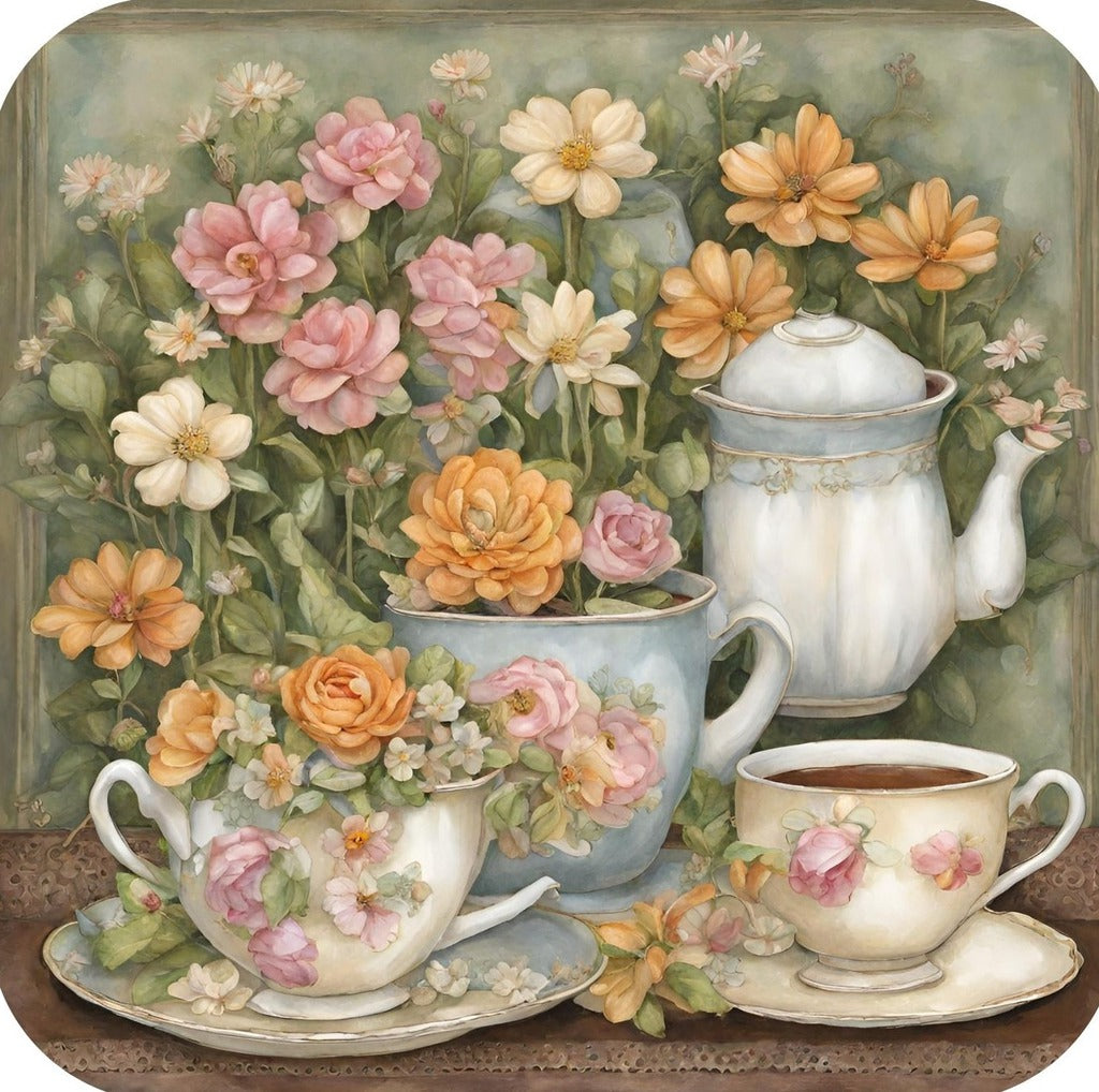 Antique Teacups And Teapot Surrounded By Pink And Orange Flowers Premium Drink Coaster Resin With Cork Backing 262238 2428 262238