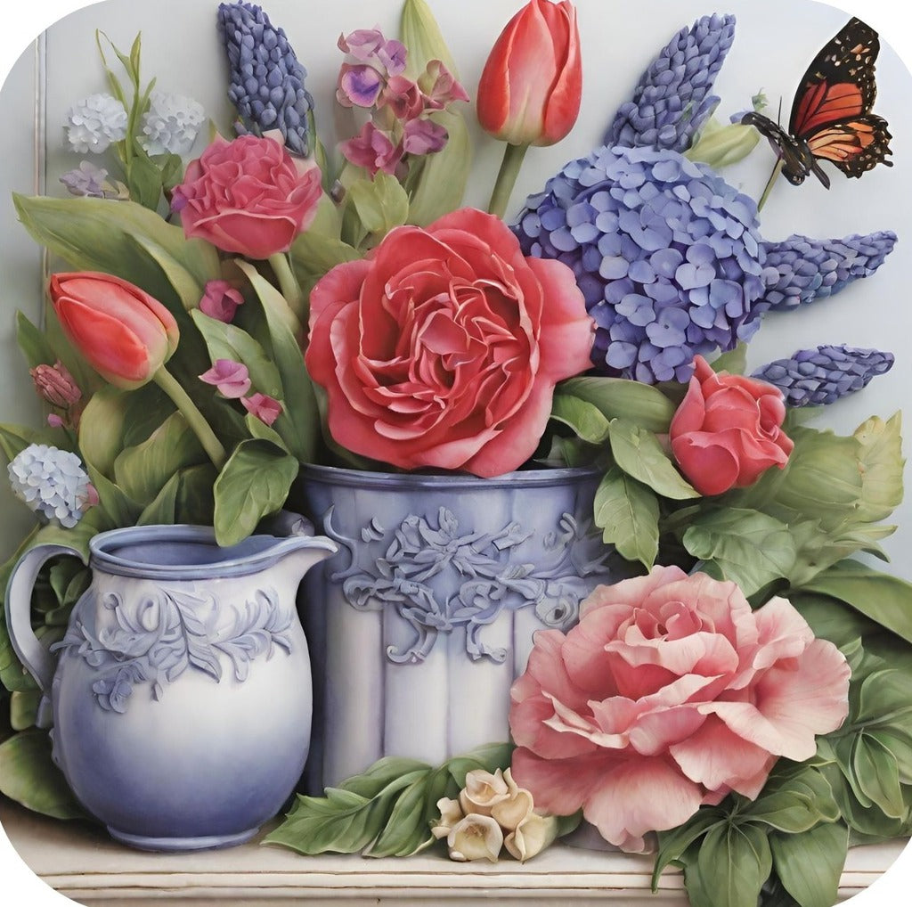 Butterfly On Tulips Roses Hydrangea And Hyacinth Arranged In Blue Fluted Stoneware Vase Premium Drink Coaster Resin With Cork Backing 262241 2431 262241