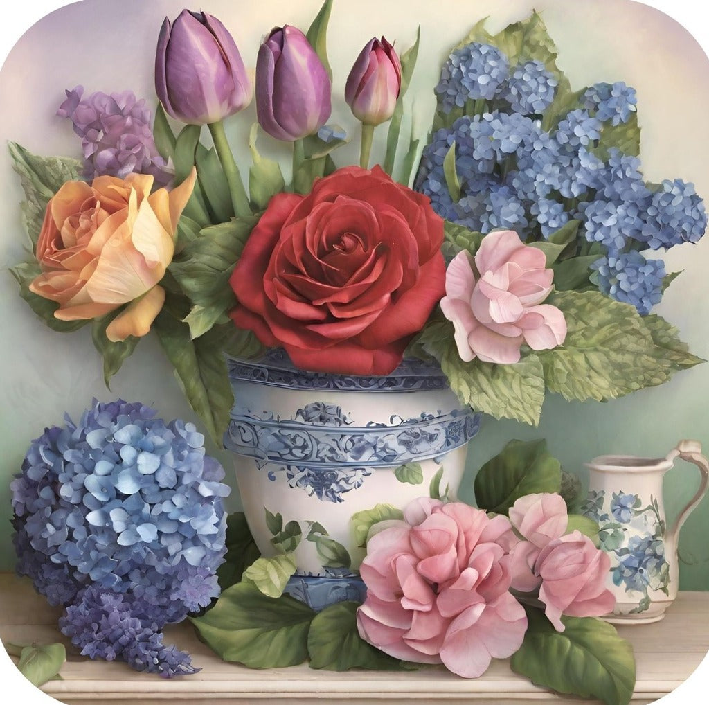 Tulips Roses And Hyacinth Arranged In Antique Blue And White Vase Premium Drink Coaster Resin With Cork Backing 262243 2433 262243