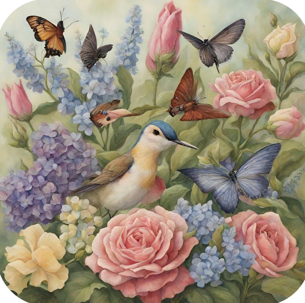 Butterflies And Bird Surrounded By Hyacinth And Roses Premium Drink Coaster Resin With Cork Backing 262246 2436 262246