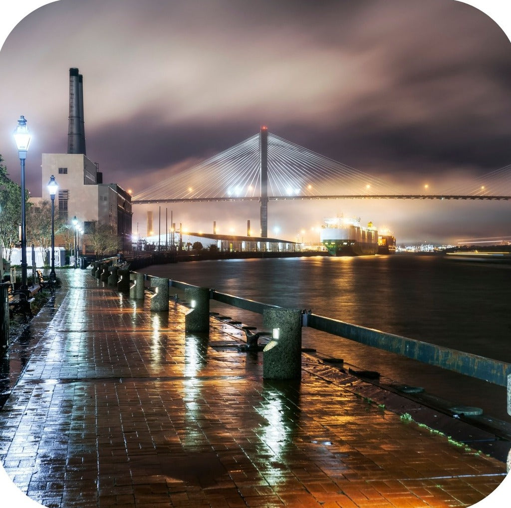 Savannah Georgia Talmage Bridge Illuminated At Night Premium Drink Coaster Resin With Cork Backing 262267 75069 262267