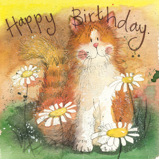 CAT AND DAISIES BIRTHDAY CARD AC551