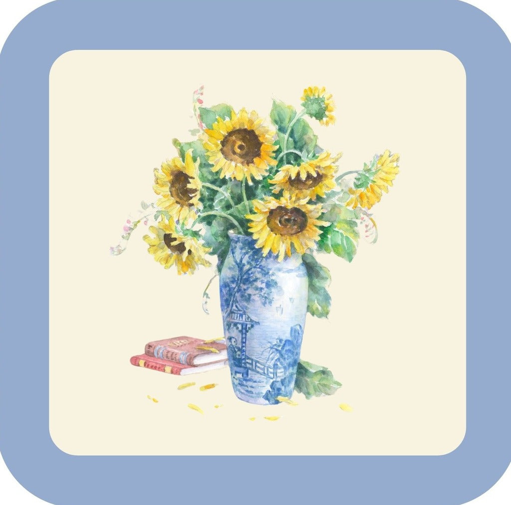 Carols Rose Garden Watercolor Sunflower Blue Vase Flower (2) Drink Coaster 264934 2535 264934