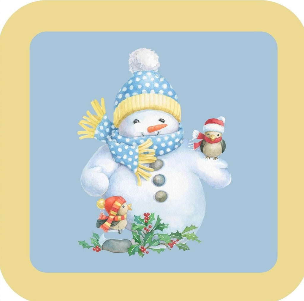 Carols Rose Garden Holiday Whimsy Blue And White Polka Dot Snowman With Birds And Holly H-CMS446 Drink Coaster 265061 2627 265061