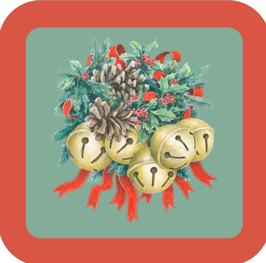 Carols Rose Garden Holiday Whimsy Brass Bells Greenery and Ribbon H-CMS073 Drink Coaster 265062 2628 265062