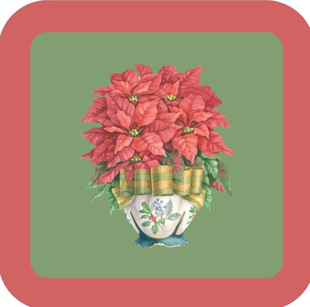 Carols Rose Garden Holiday Whimsy Poinsettias In Holly Themed Bowl With Striped Ribbon H-CMS306 Drink Coaster 265083 2649 265083