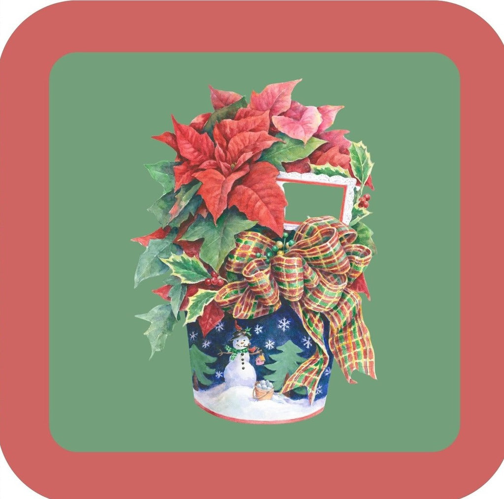 Carols Rose Garden Holiday Whimsy Poinsettias Arranged In Snowman Themed Container With Plaid Bow H-CMS301 Drink Coaster 265086 2652 265086