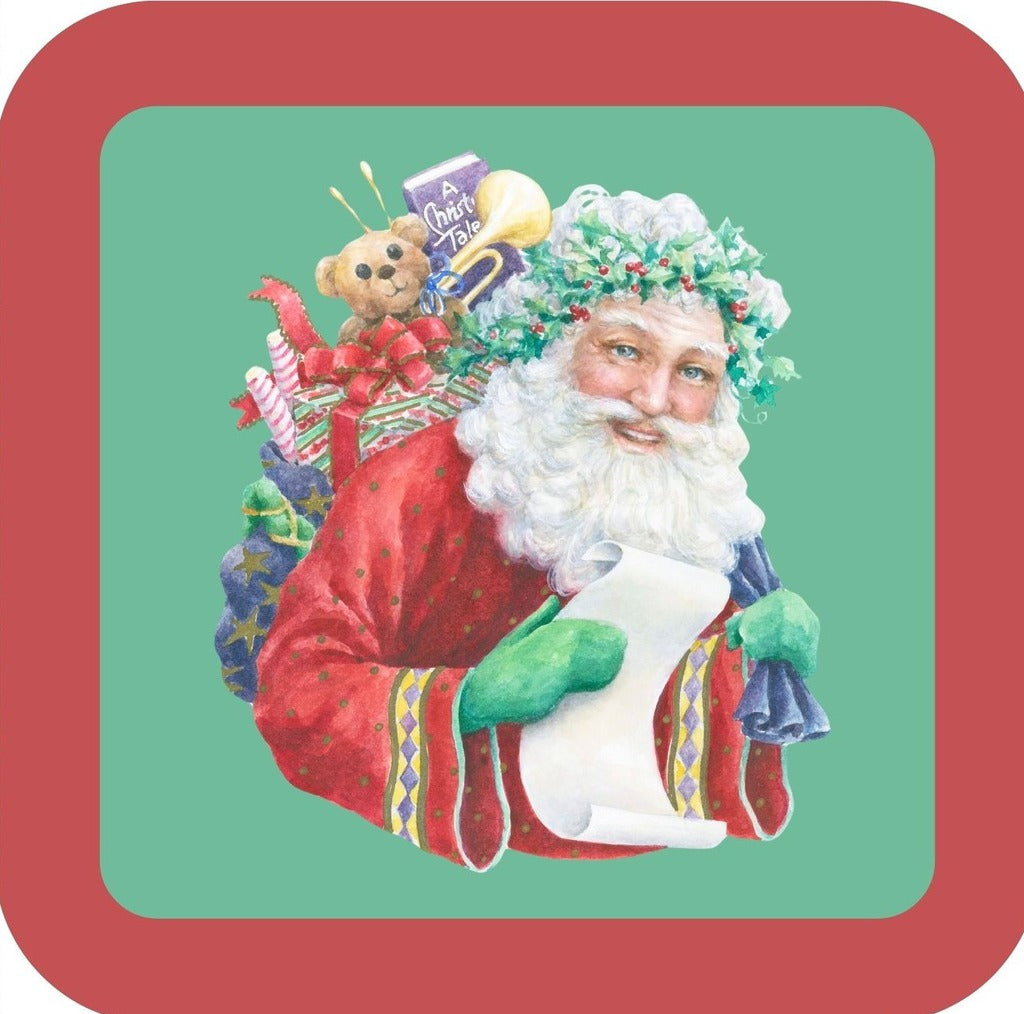 Carols Rose Garden Holiday Whimsy Santa Claus Loaded With Toys On His Back Checking HIs List H-CMS365 Drink Coaster 265093 2659 265093
