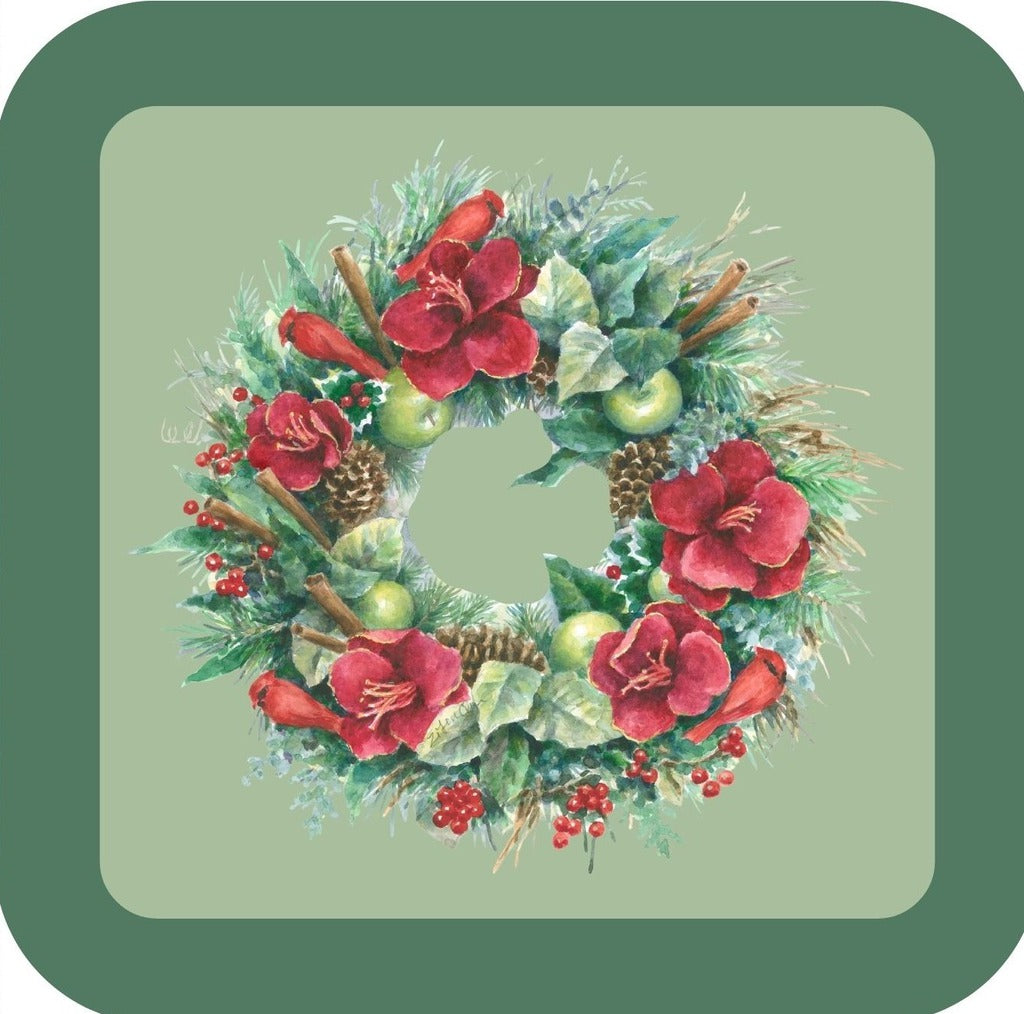 Carols Rose Garden Holiday Whimsy Wreath Decorated With Amaryllis Green Apples Cinnamon Sticks Cardinals Berries H-CMS494 Drink Coaster 265117 2683 265117