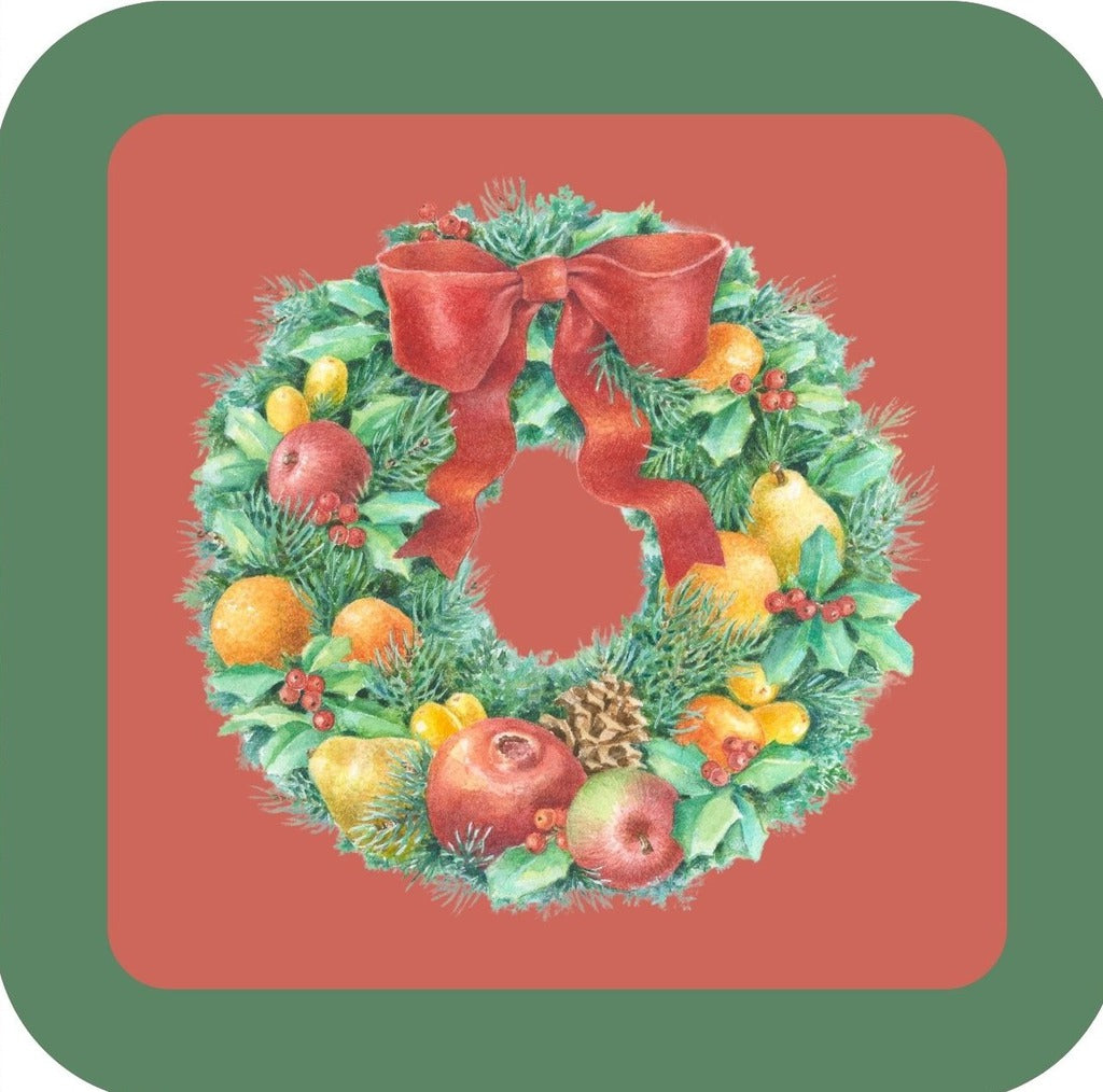 Carols Rose Garden Holiday Whimsy Wreath Decorated With Apples Pears Pomegranate Oranges Red Bow H-CMS496 Drink Coaster 265118 2684 265118