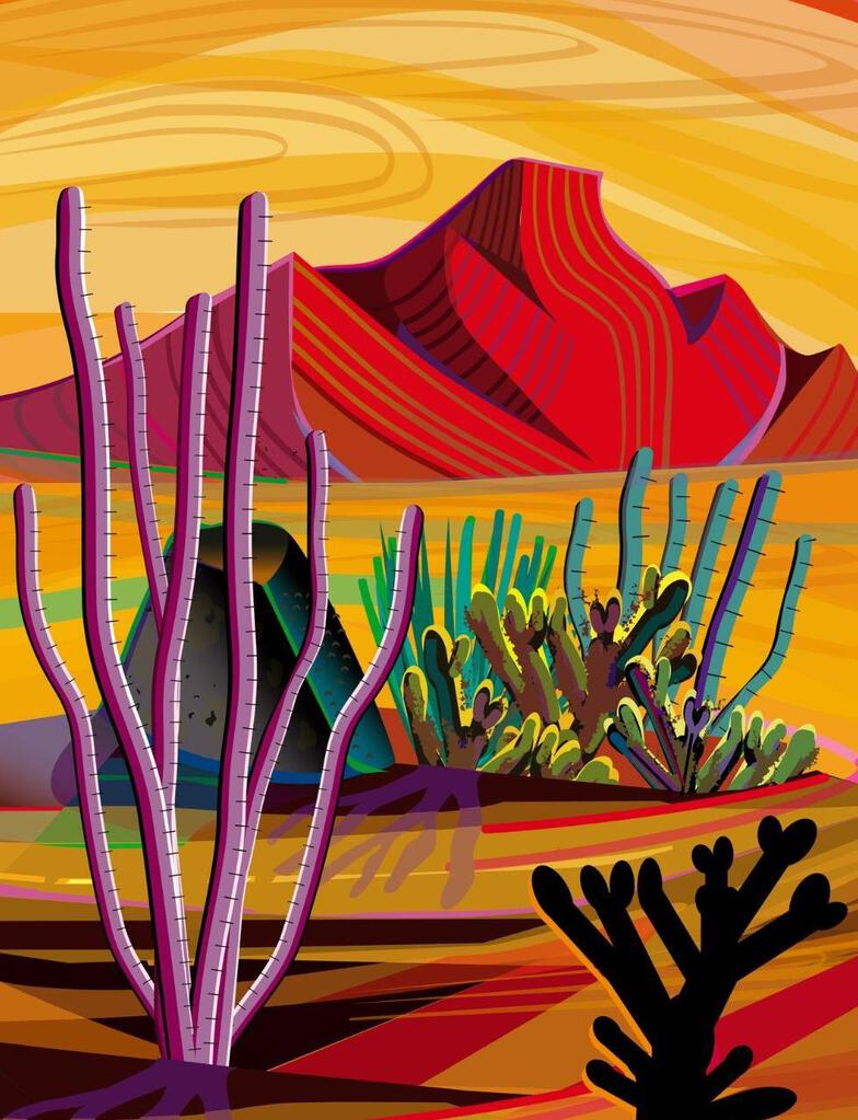 Desert Cactus Mountain In Background Folk Art Box of 10 Blank Note Cards 4x5 267120