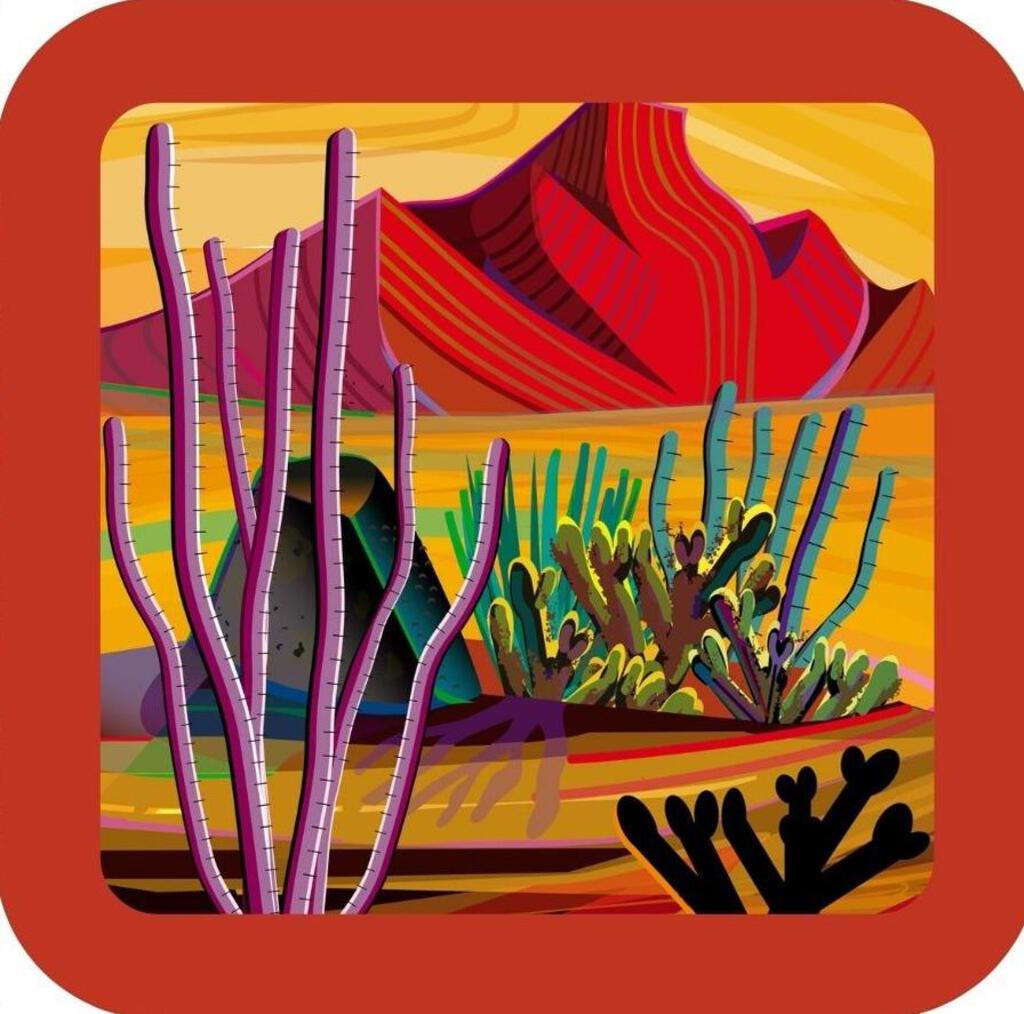 Desert Cactus Mountain In Background Folk Art Premium Drink Coaster Resin With Cork Back 267136