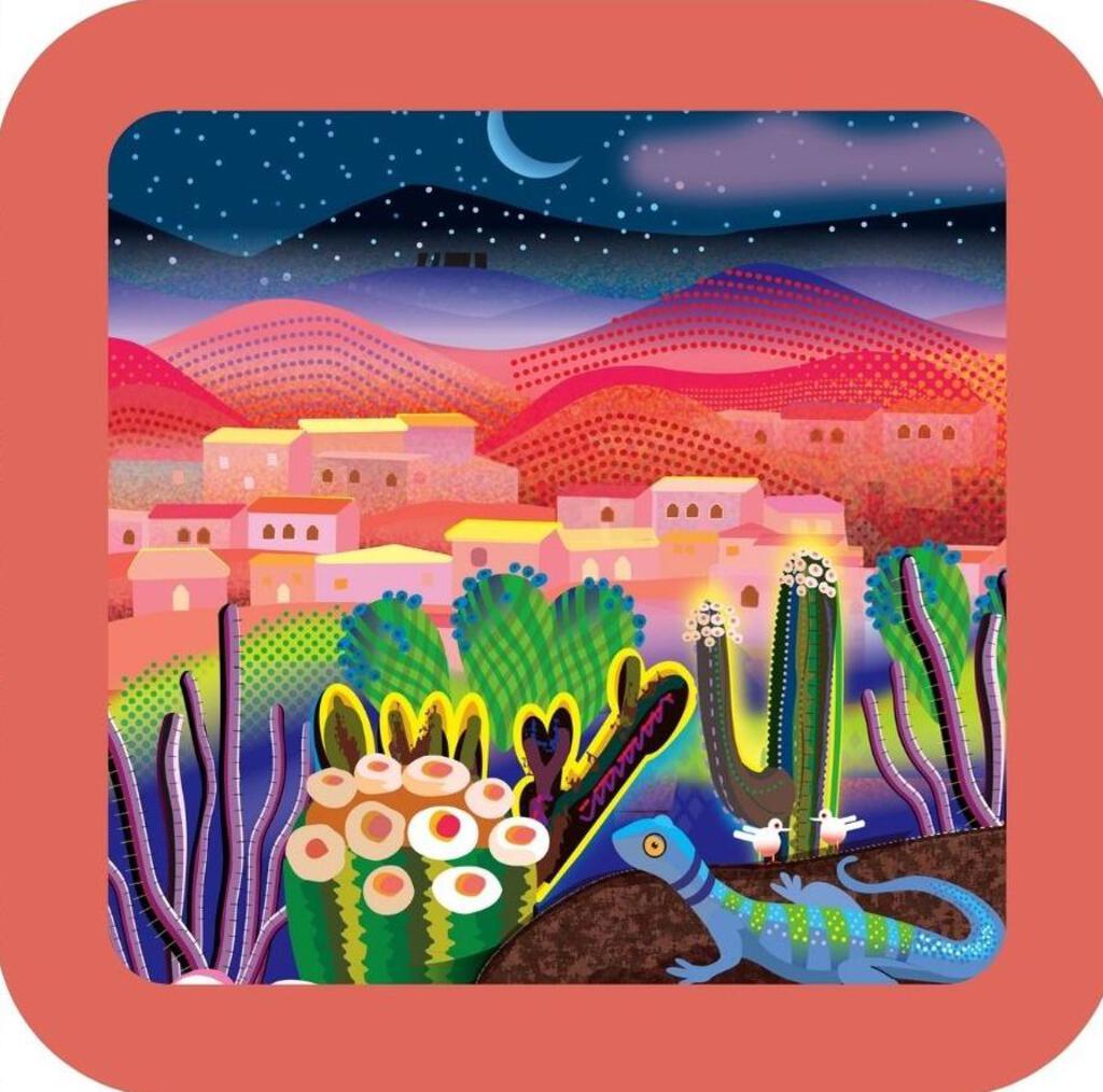 Flowering Cactus Desert Village Mountains Night Sky Premium Drink Coaster Resin With Cork Back 267138
