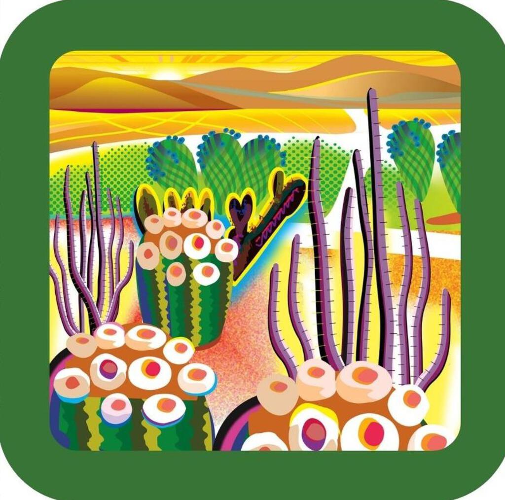 Bright Desert Cactus Mountains Southwest Folk Art Premium Drink Coaster Resin Cork Back 267140