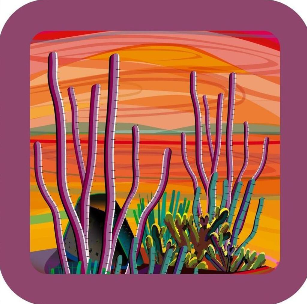 Warm Sunset Colors Desert Cactus Southwest Folk Art Premium Drink Coaster Resin Cork Back 267141