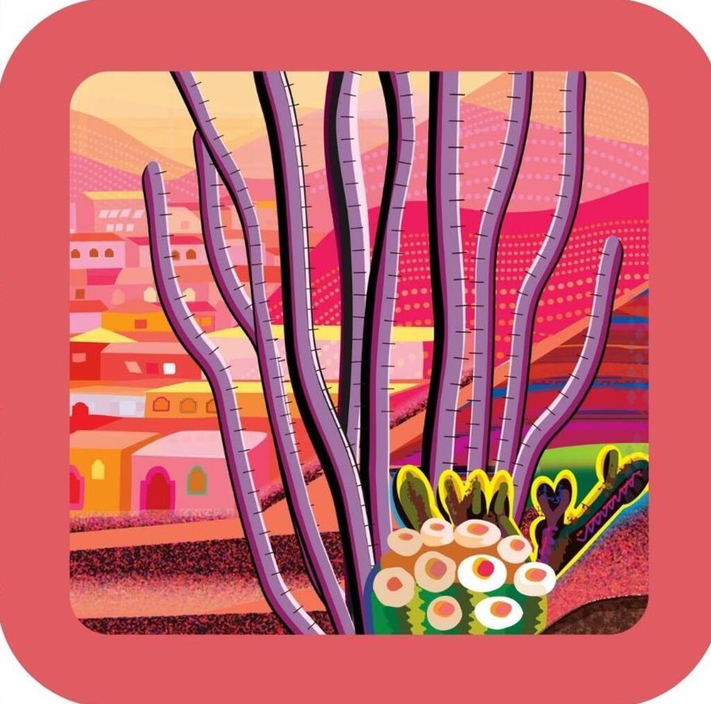 Ocotillo Barrel Cholla Cactus Red Pink Desert Sunrise Folk Art Premium Drink Coaster Cork Back 267142