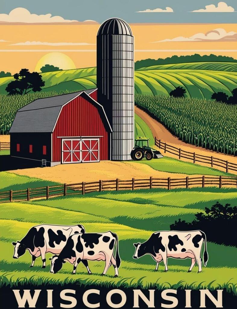 Wisconsin Dairy Farm Agriculture Farming Travel Poster Art Box of 10 Blank Note Cards 4x5 267267