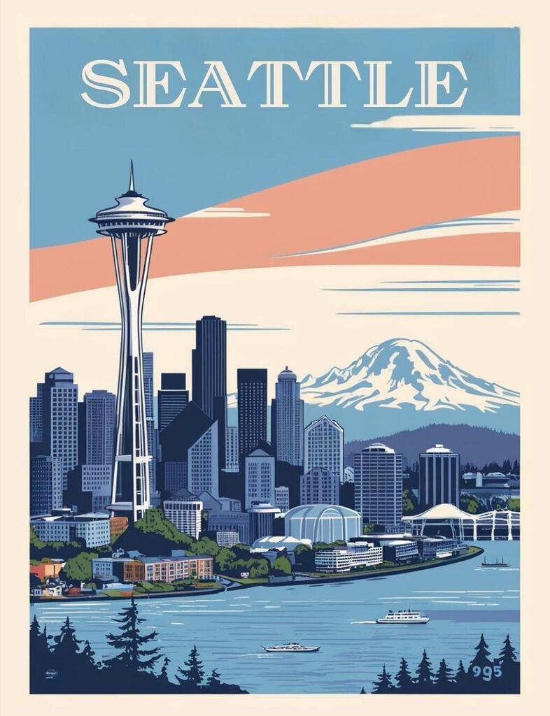 Washington Seattle Skyline Retro Travel Poster Art Box of 10 Blank Note Cards 4x5 267293