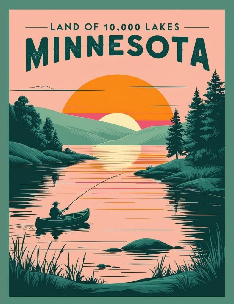Minnesota Land Of 10000 Lakes Retro Travel Poster Art Box of 10 Blank Note Cards 4x5 267320