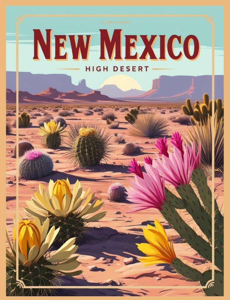 New Mexico Desert Floral Flowers Cactus Retro Travel Poster Art Box of 10 Blank Note Cards 4x5 267341