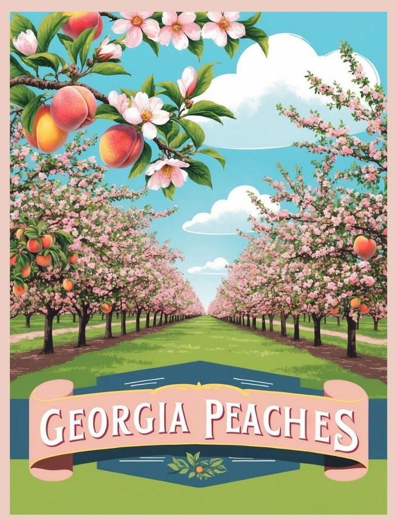Georgia Peaches Peachtree State Retro Travel Poster Box of 10 Blank Note Cards 4x5 267363