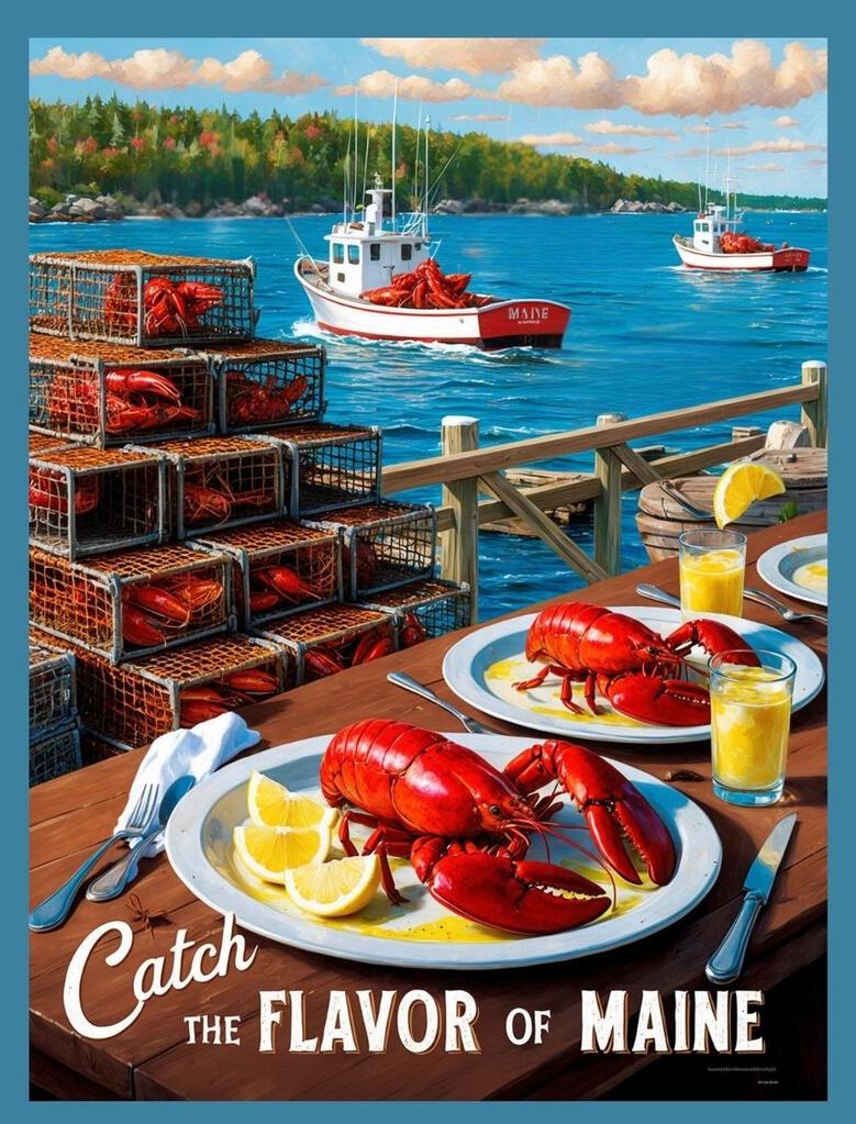 Maine Catch The Flavor Lobster Retro Travel Poster Box of 10 Blank Note Cards 4x5 267380