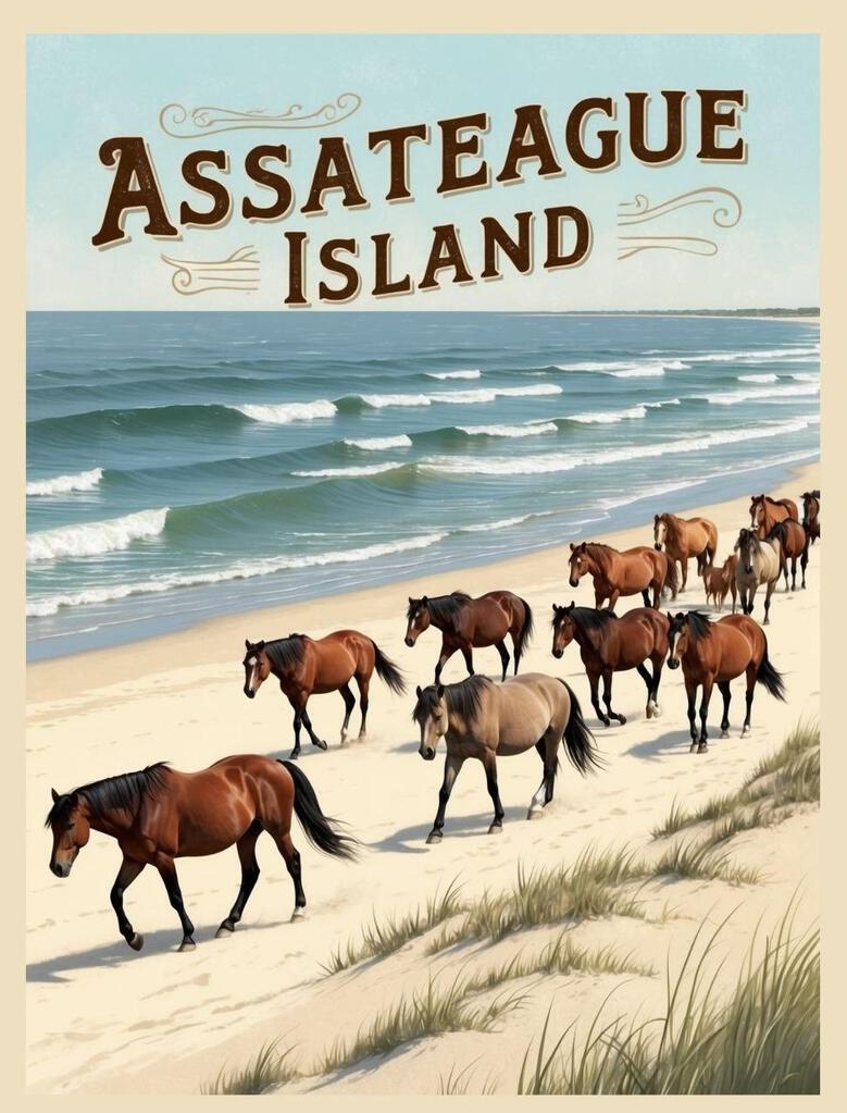 Maryland Assateague Island Horses Beach Retro Travel Poster Box of 10 Blank Note Cards 4x5 267383