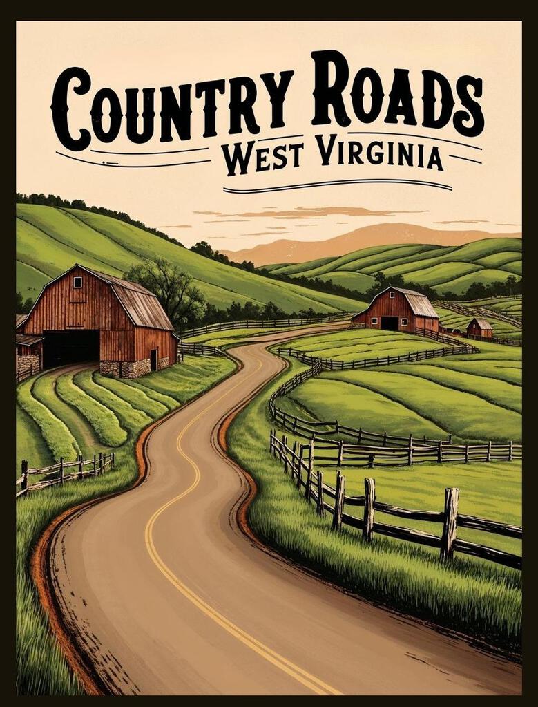 West Virginia Country Roads Retro Travel Poster Box of 10 Blank Note Cards 4x5 267389