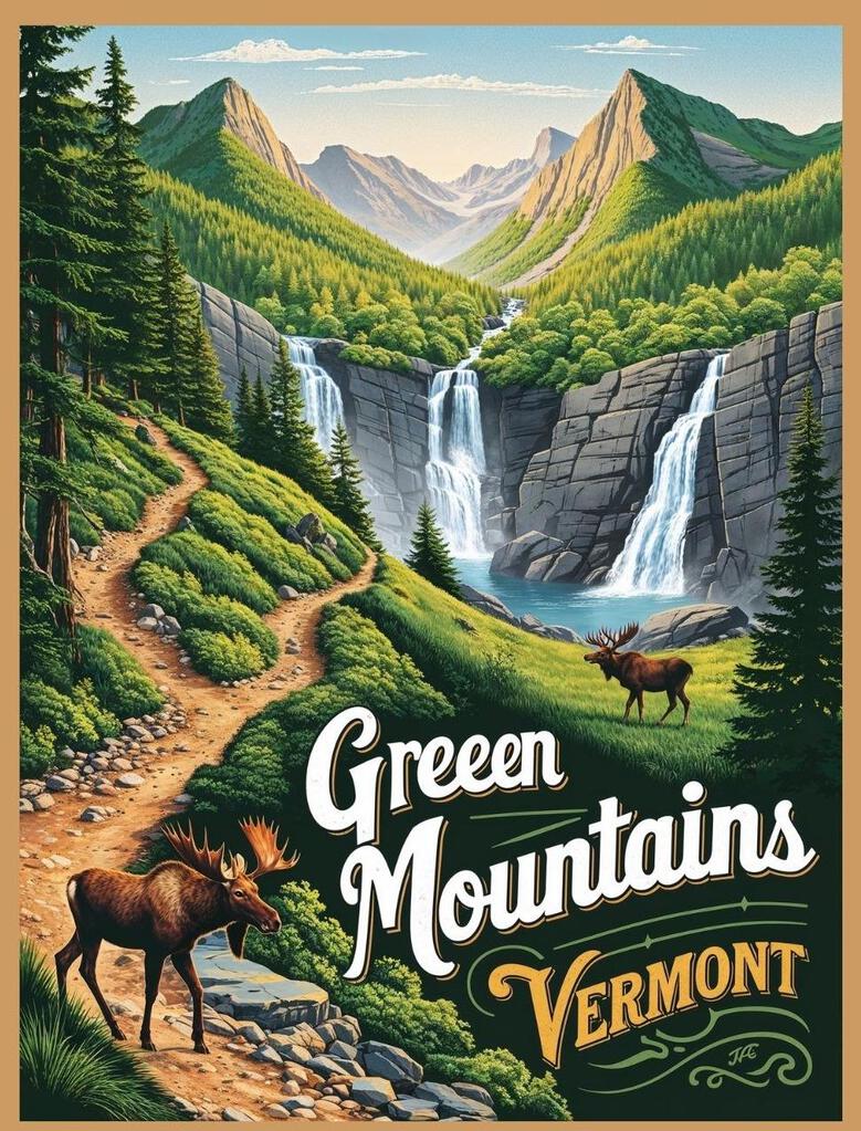 Vermont Green Mountains Retro Travel Poster Box of 10 Blank Note Cards 4x5 267398