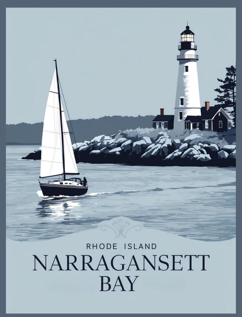 Rhode Island Narragansett Bay Retro Travel Poster Box of 10 Blank Note Cards 4x5 267421
