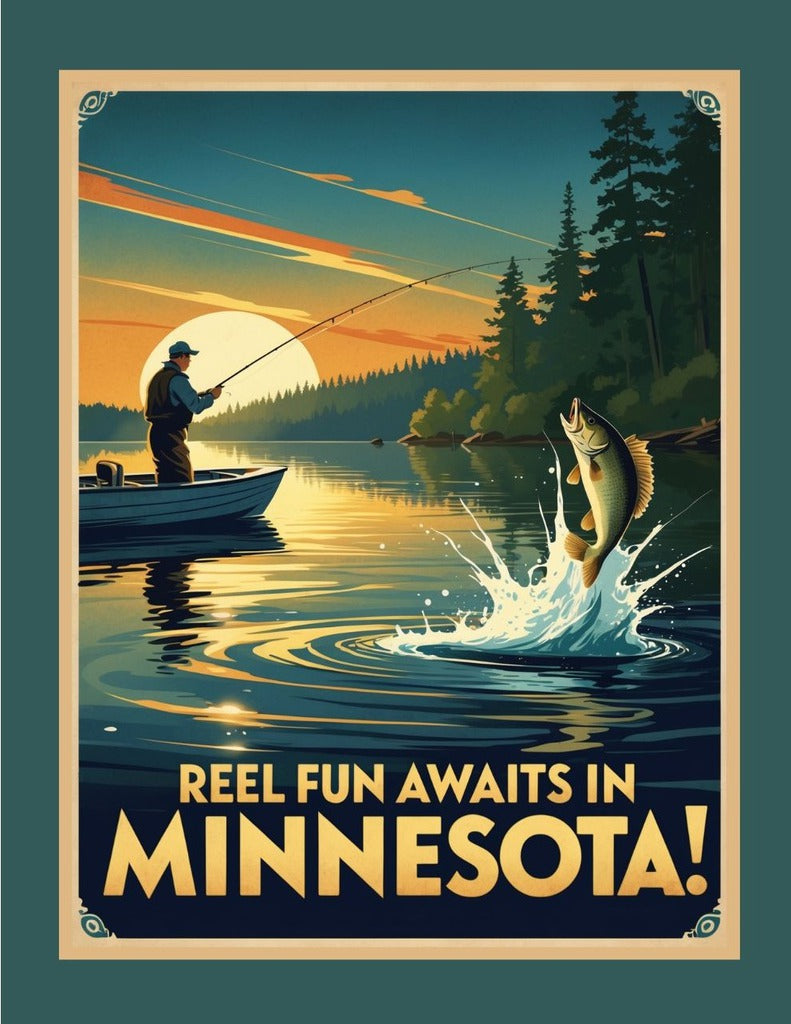 Minnesota Reel Fun Awaits Walleye Fishing Fish Retro Travel Box of 10 Blank Note Cards 4x5 268713