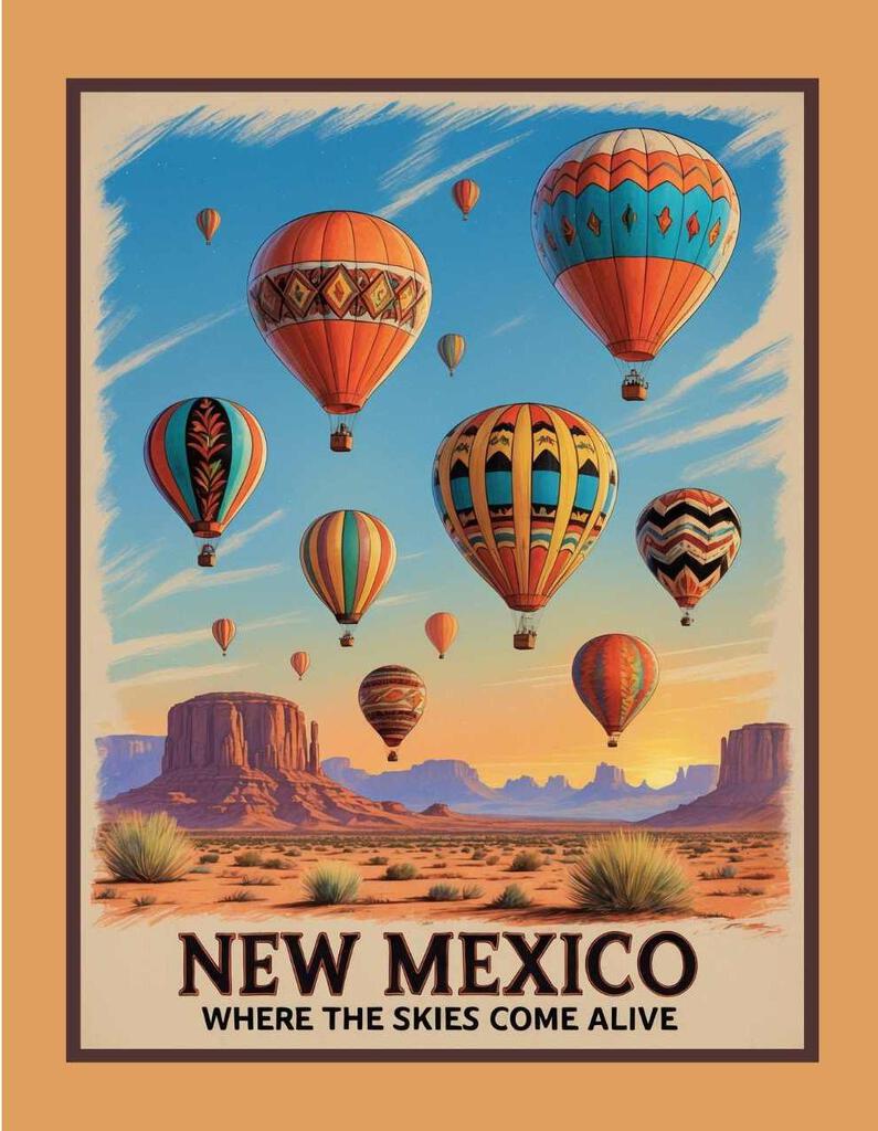 New Mexico Hot Air Balloon Where Skies Come Alive Retro Travel Box of 10 Blank Note Cards 4x5 269099