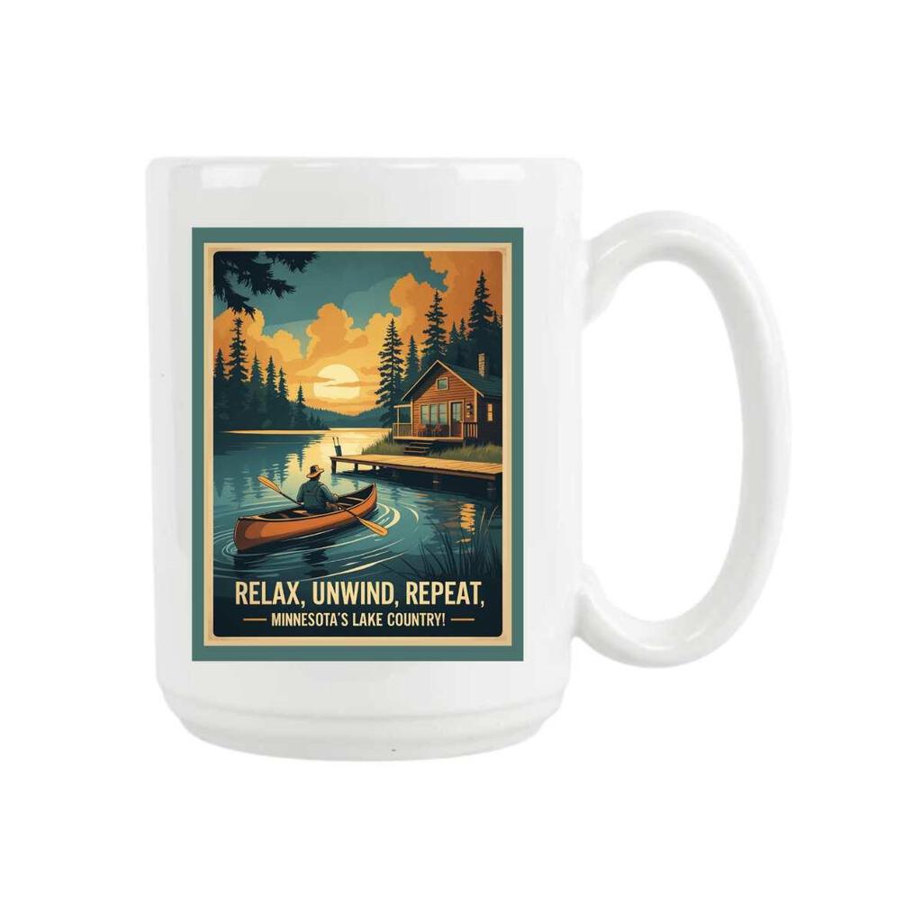 Minnesota Lake Country Relax Unwind Repeat Retro Travel Ceramic Coffee Mug 15 oz 269112